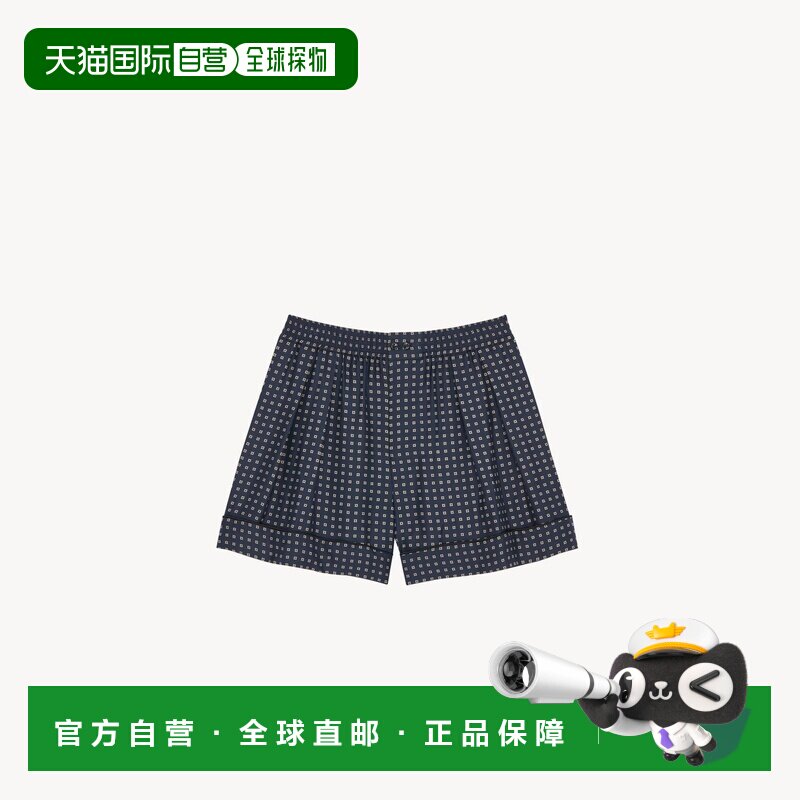 自营欧洲直邮YSL圣罗兰 女士海军蓝真丝缎面方格图案睡衣短裤