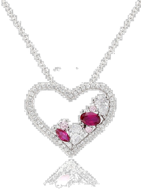 自营 Suzy Levian 纯银红宝石和白色方晶锆石心形吊坠项链 - 粉红
