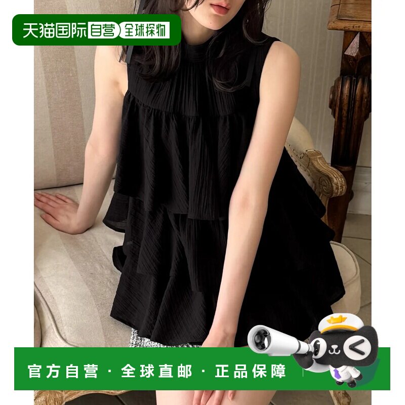 日本直邮JUNOAH 黑色透视无袖荷叶边上衣女装