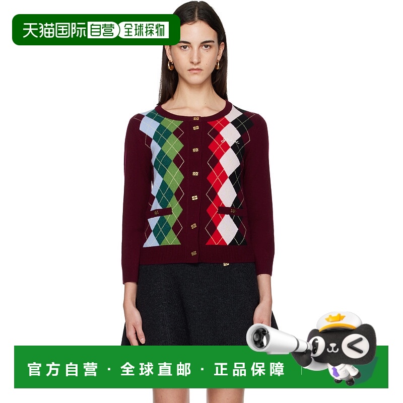 香港直邮GANNI 甘尼 女士 酒红色格纹开衫  K2532 时尚舒适羊绒