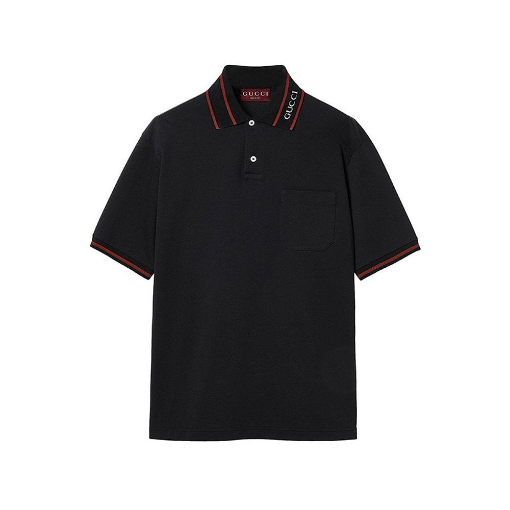 GUCCI/古驰24新款 男士黑色棉质红绿色织带条纹边领POLO衫