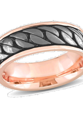 自营 Mimi & Max 罗纹设计男士戒指，镀玫瑰色纯银，黑色镀铑 -