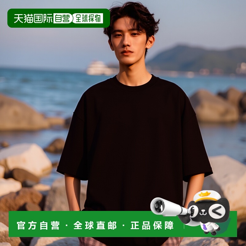 1h可退 香港直邮AMIRI 男士 Front 黑色圆领带Logo刺绣棉质T恤 AM