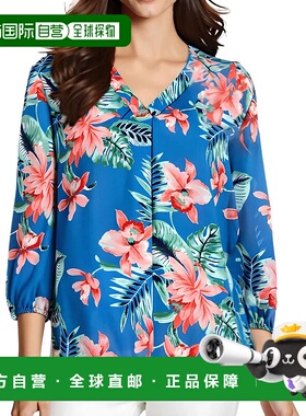 自营 Jones New York束腰上衣女式蓝色泻湖花雪纺V领FTS11-蓝色