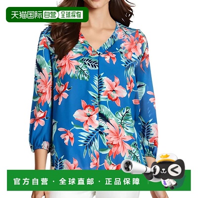 自营 Jones New York束腰上衣女式蓝色泻湖花雪纺V领FTS11-蓝色