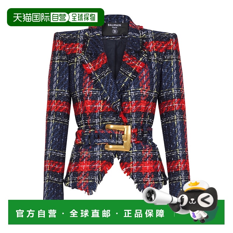 香港直邮Balmain 系带格子粗花呢外套 GF1SI634XL68