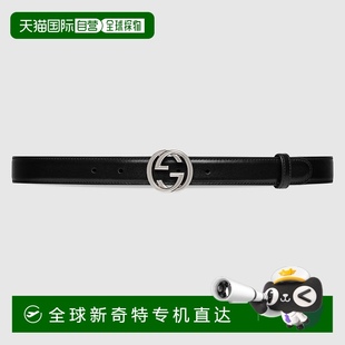 欧洲直邮Gucci古驰女士黑色皮革GG交织细节腰带