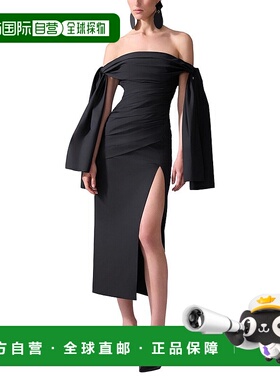 自营Carolina Herrera Off Shoulder Tie Draped Midi Dress - bl