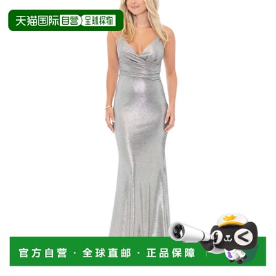 自营Betsy & Adam长裙女式银色金属质感Ruched v领Preppy FROG374