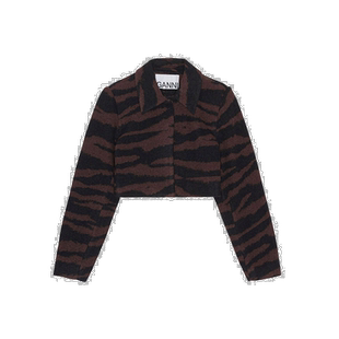 香港直邮GANNI 女士西服 F8363099 AW2023 黑色 羊毛提花短款休闲