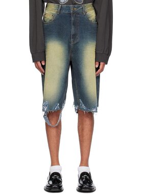 美国直邮We11done|蓝色水洗毛边短裤牛仔裤直筒裤日常休闲舒适