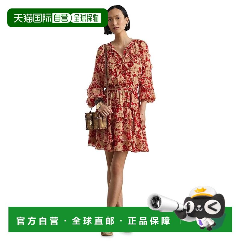 美国直邮Lauren Ralph Lauren 女士 印花皱褶边乔其纱层叠连衣裙