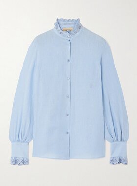 潮奢 Valentino 华伦天奴 女士 浅蓝亚麻荷叶边衬衫 7B3AB7R79KW