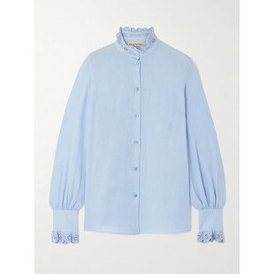 潮奢 Valentino 华伦天奴 女士 浅蓝亚麻荷叶边衬衫 7B3AB7R79KW