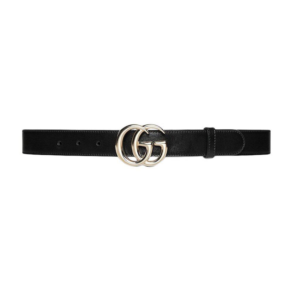 GUCCI/古驰24新款 女士黑色皮革金色双G环腰带3cm