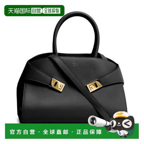 自营欧洲直邮FERRAGAMO菲拉格慕 女士黑色光滑皮革双提手单肩包