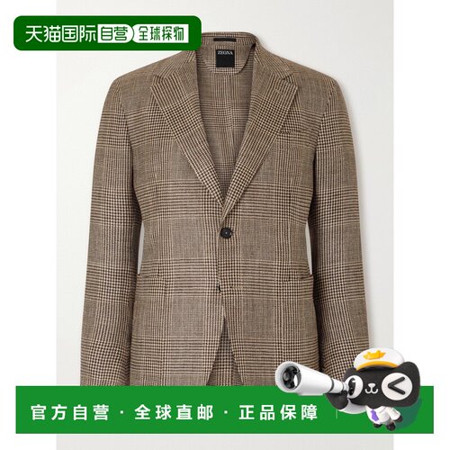 zegna 杰尼亚 男士 千鸟格亚麻,真丝羊毛混纺西装【付后1h可退】