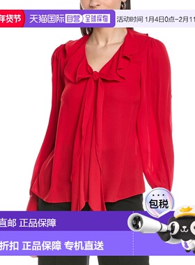 自营CeCe Ruffle Tie V-Neck Top - red 美国奥莱直发泡泡袖上衣