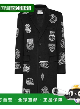 自营philipp pleinWool Long Coat With Patches - black 美国奥