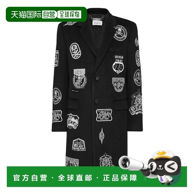 自营philipp pleinWool Long Coat With Patches - black 美国奥