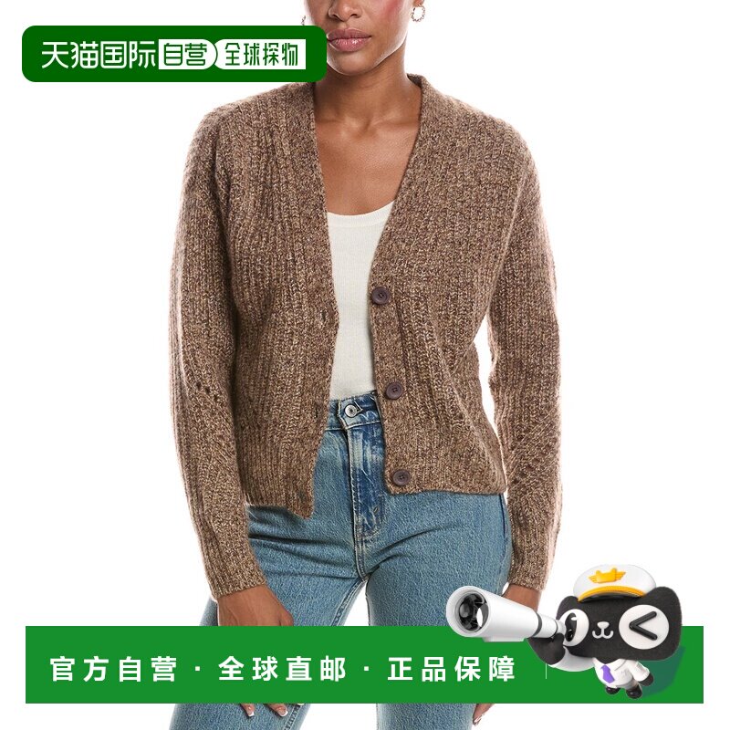 自营autumn cashmere秋季羊绒摇床v领羊绒和真丝混纺开衫-棕色