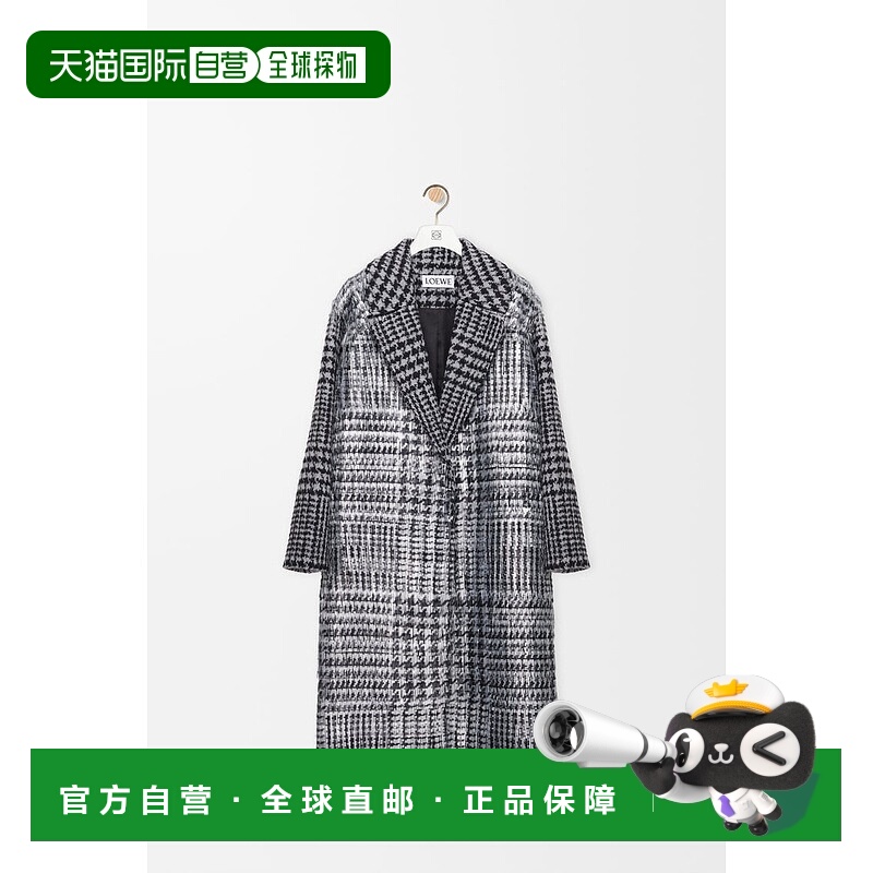 自营欧洲直邮Loewe罗意威 女士灰色/黑色羊毛格纹图案中长款大衣