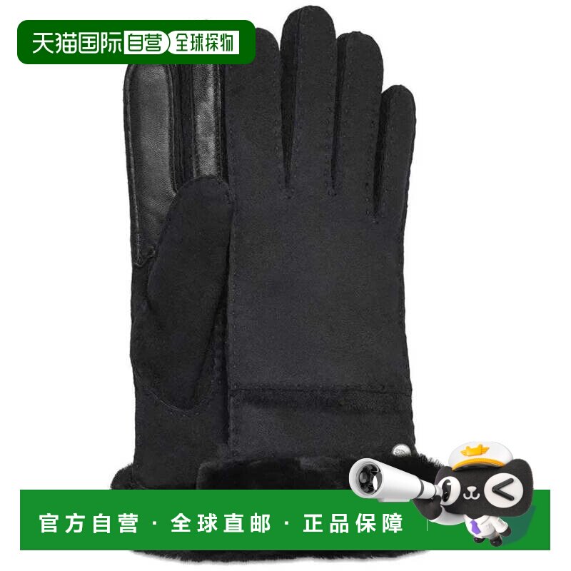 自营Ugg有缝手套女式黑色皮革羊皮衬里触摸屏FROG382-黑色 美国奥