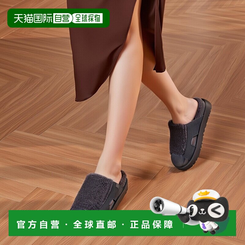 自营欧洲直邮UGG 女士深黑色羊毛凉拖鞋保暖厚底凉拖拖鞋图片