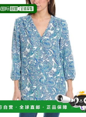 自营 Jones New York 褶皱前亚麻混纺束腰外衣 - 蓝色 美国奥莱直