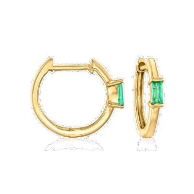 自营 14 克拉黄金 Ross-Simons 祖母绿 Huggie 圈形耳环 - 绿色