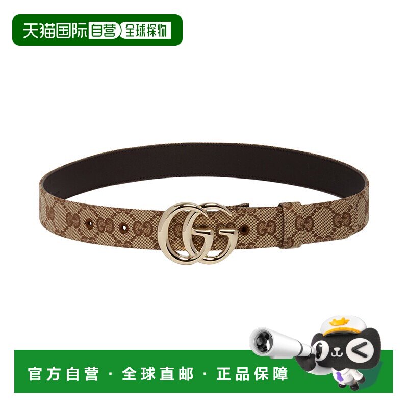 自营欧洲直邮GUCCI/古驰24新款 女士米棕色帆布印花饰面双G银扣腰