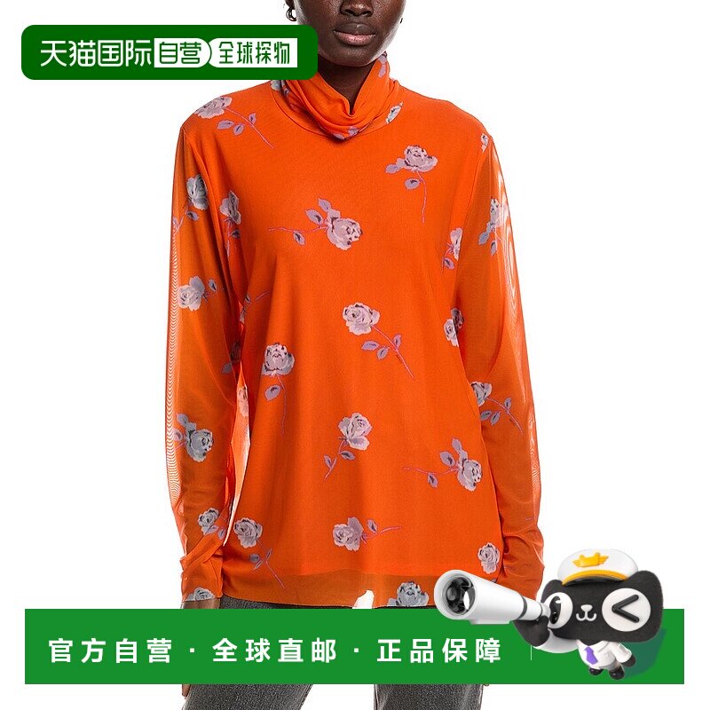 自营GANNI Printed Mesh Long Sleeve Rollneck Top - orange 美