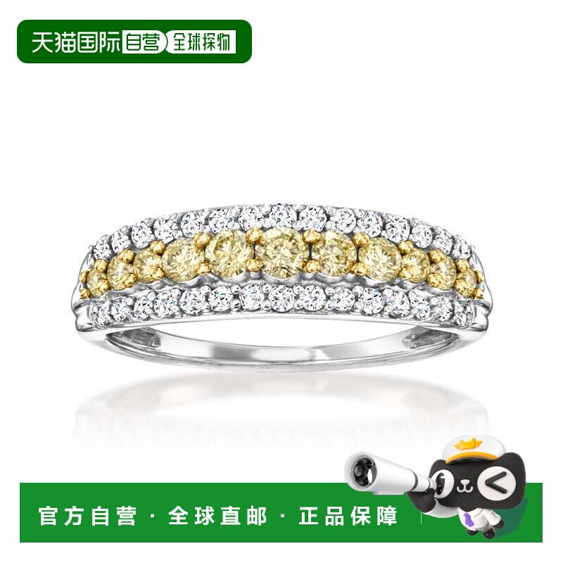 自营Ross-Simons 14kt 白金黄色和白色钻石三排戒指 - 黄色 美国