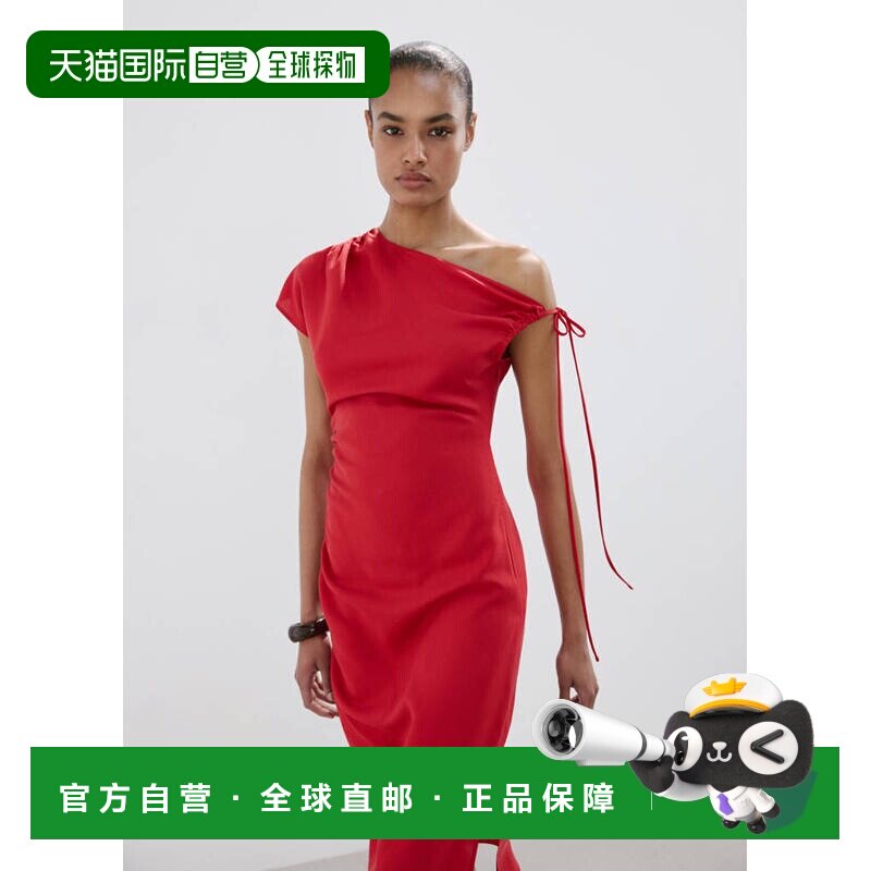 自营欧洲直邮MANGO 女士红色侧褶不对称中长款连衣裙性感图片