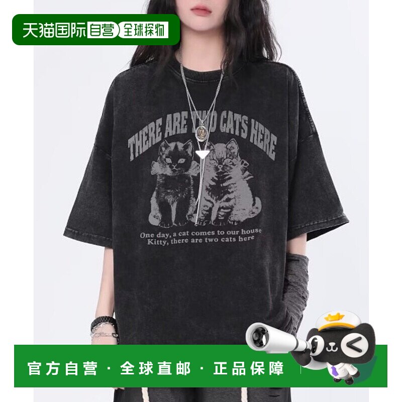 1h可退 日本直邮MASHIRO复古风印猫咪图案男女同款大号T恤 MA2404