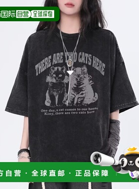 1h可退 日本直邮MASHIRO复古风印猫咪图案男女同款大号T恤 MA2404