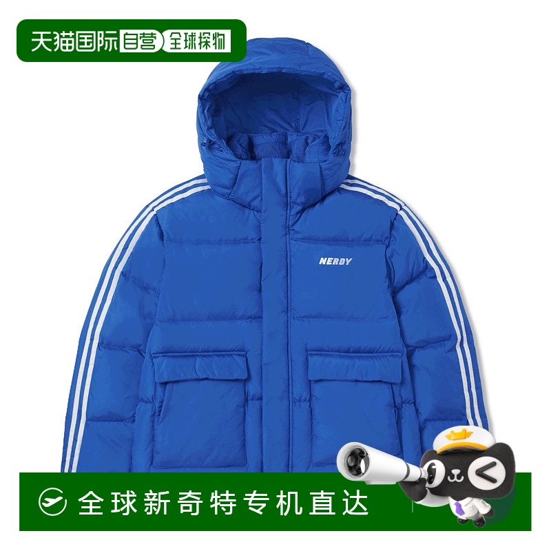 【韩国直邮】NERDY宝石蓝色短款条纹连帽羽绒服鸭绒