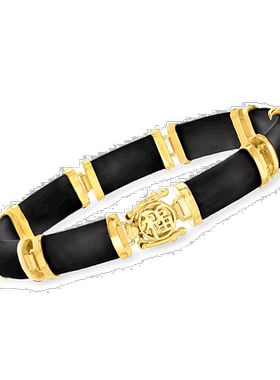 自营 Ross-Simons 黑色玛瑙“Good Fortune”手链 18kt 金手链 -