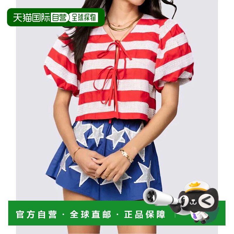 自营 queen of sparkles条纹棉质蓬松袖领带上衣，红白条纹-红白