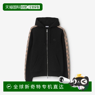 欧洲直邮Burberry博柏利 男士 黑色棉格纹饰带拉链连帽衫