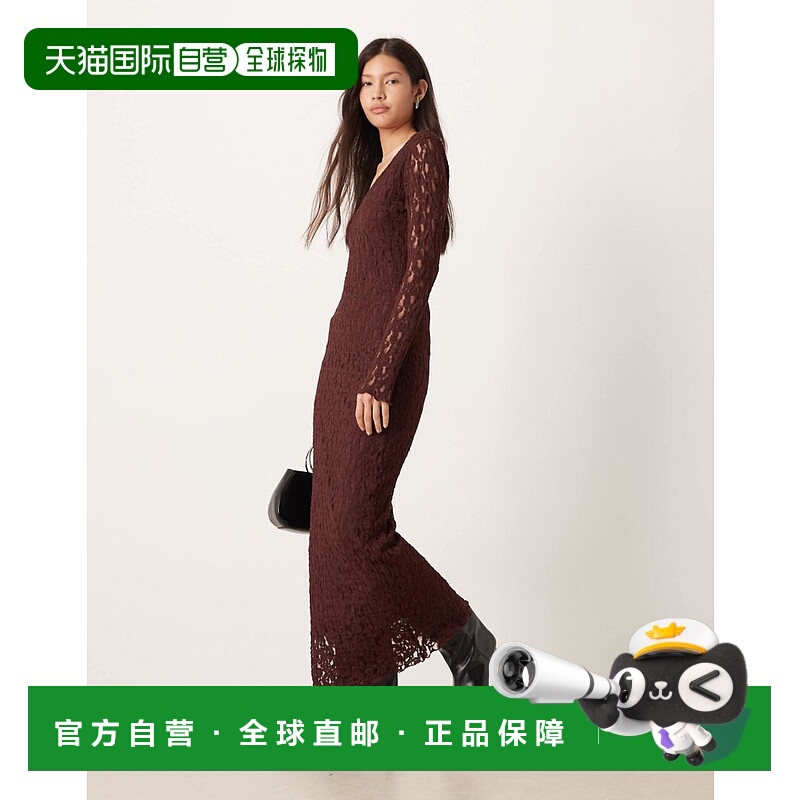 1h可退 香港直邮潮奢 ASOS 女士 设计V领长袖巧克力色长款连衣裙