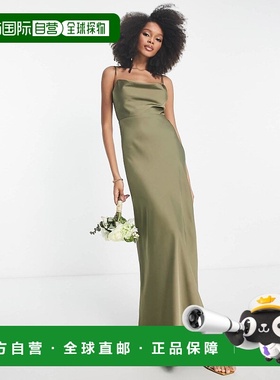 香港直邮ASOS 女士 Bridesmaid 设计缎面大樽领宽裙摆橄榄绿绿色