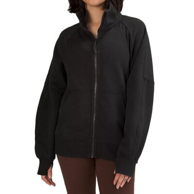 LULULEMON/露露乐蒙 女黑色棉质抓绒拇指孔拉链高领夹克