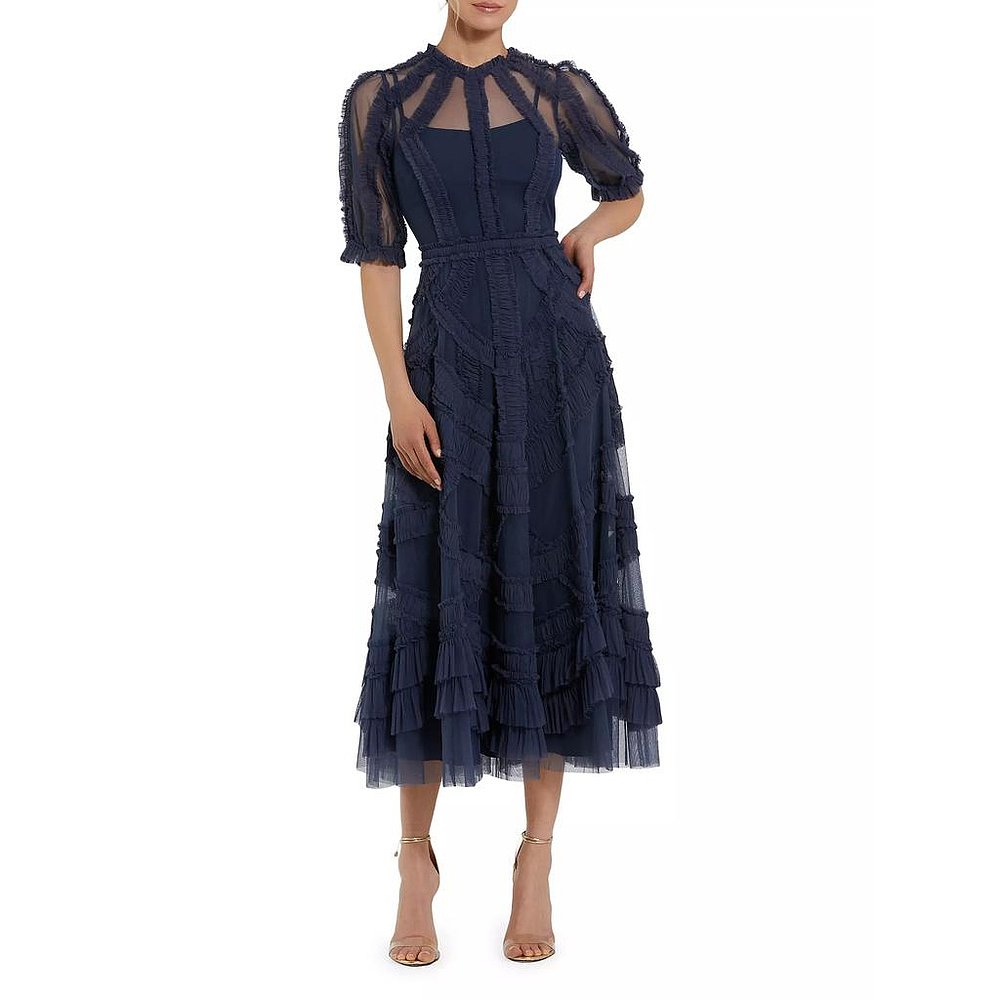 美国直邮Mac Duggal 高领褶皱薄纱中长连衣裙 女装时尚优雅款