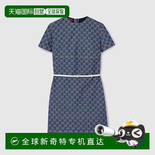 欧洲直邮Gucci 连衣裙 古驰 女士蓝色棉双G提花可拆卸腰带短袖