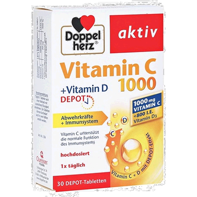 欧洲直邮德国双心Doppelherz补vc+vd片维C1000+维D3长效缓释片30