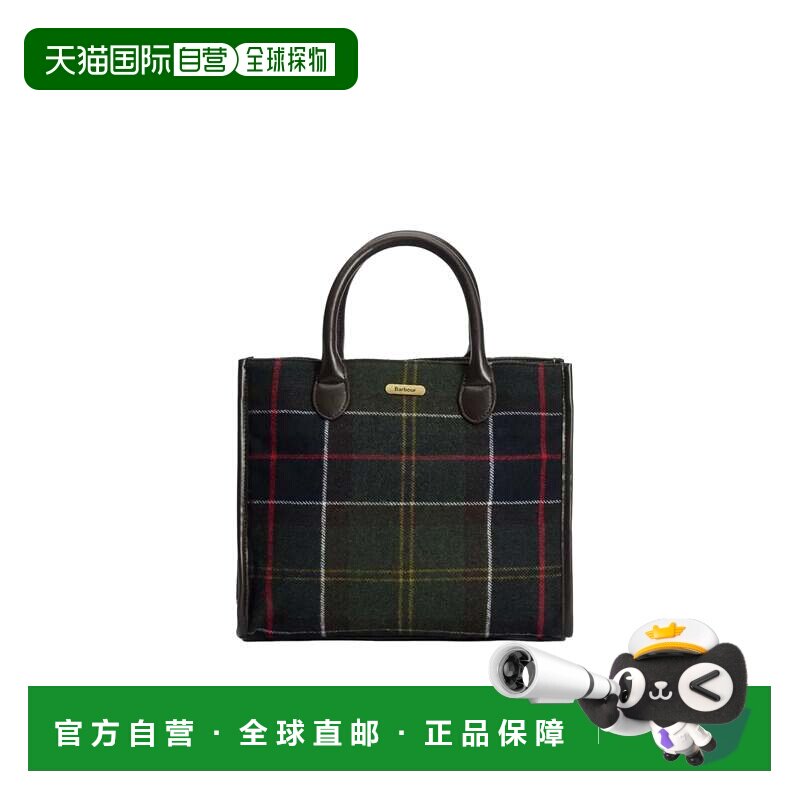 自营barbourBarrhill经典格子呢羊毛混纺托特包-黑色 美国奥莱直