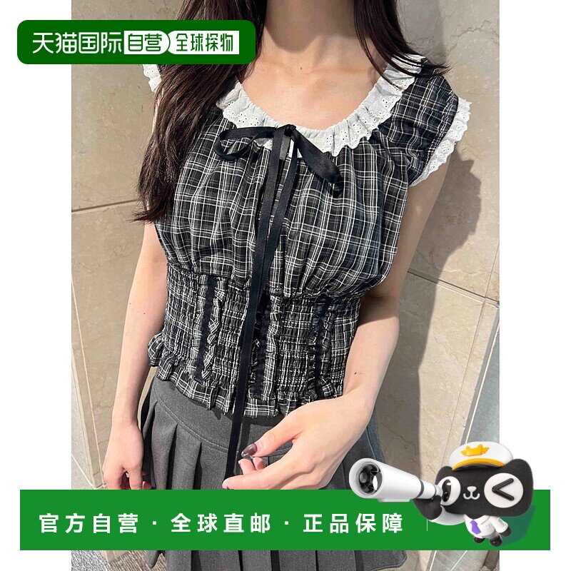 1h可退 日本直邮PHILLY 女装 花边短袖格纹上衣 显瘦设计 PWCK25S