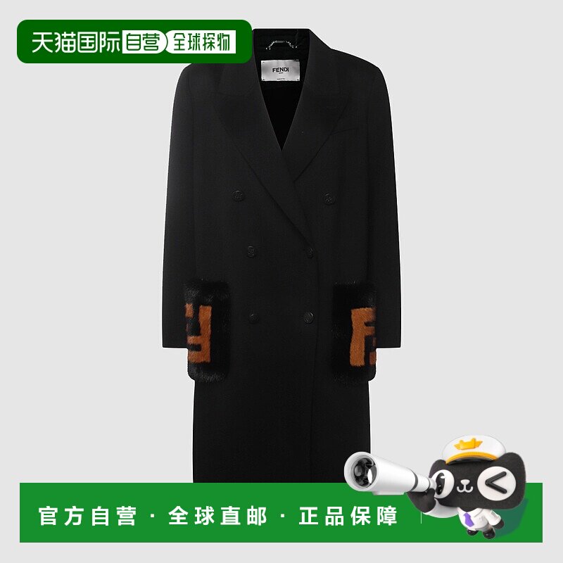 1h可退 香港直邮FENDI 女士大衣 FF8948W1DF0GME CO 黑色长款外套