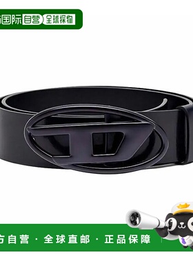 香港直邮DIESEL迪赛男女同款徽标设计皮革金属皮带情侣款 黑色